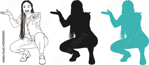 Vector set featuring a woman squatting with outstretched hands in three variations