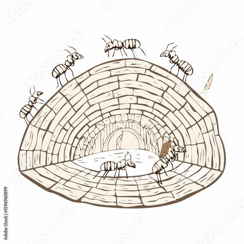 Ant colony cutaway with tunnels, chambers, and food zones, including queen’s chamber, illustrated in clean vector form.