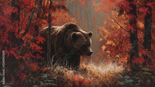 Fototapeta Naklejka Na Ścianę i Meble -  oil painting of powerful grizzly bear in autumn forest with spiritual symbolism