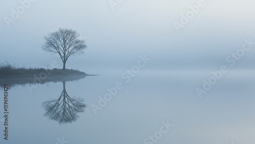 Bare Tree Reflection in Misty Lake at Dawn Serene Winter Landscape