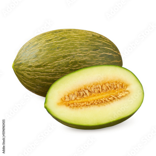 Whole and Sliced Santa Claus Melon on White Background