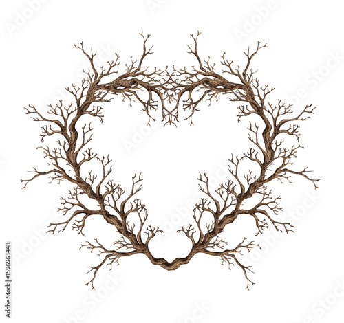 Heart-shaped frame made of dry branches. Watercolor illustration in gothic style for Halloween and Day of the Dead. Isolated from the background, perfect for prints, cards, and decor.