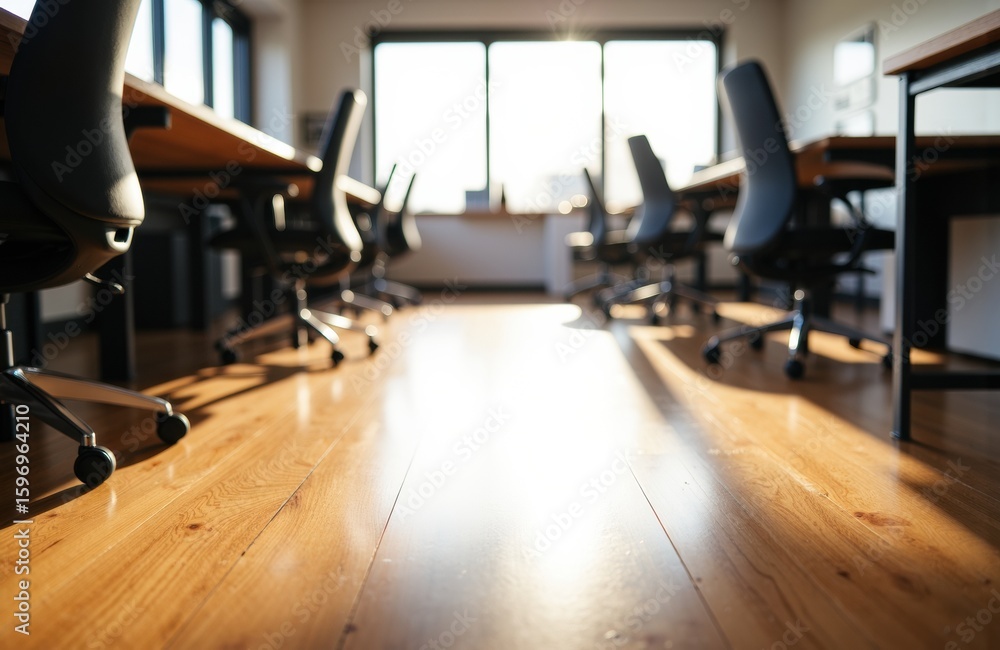 Fototapeta premium Empty modern office conference room with large windows and wooden flooring