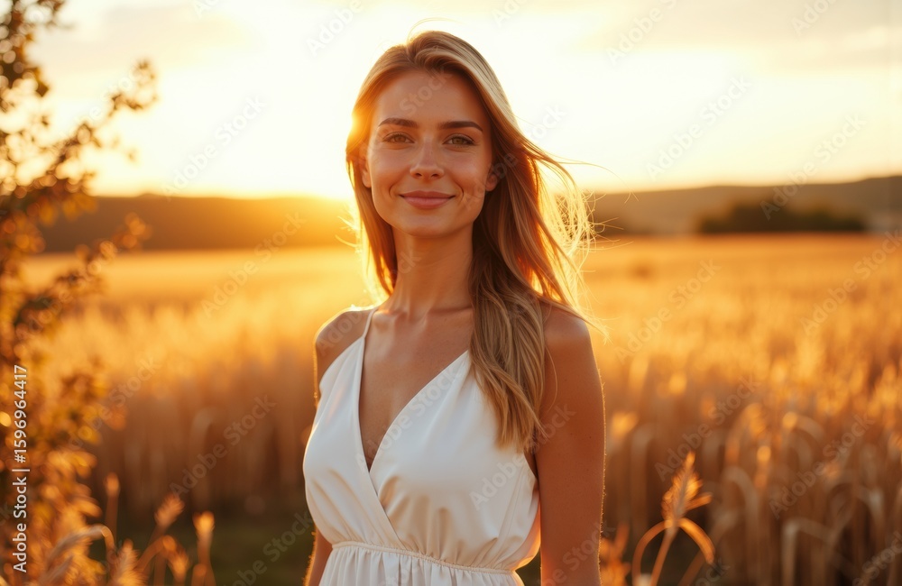 Obraz premium A young woman smiling in a white dress standing in a golden wheat field at sunset