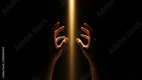 Human Hands Reaching Towards a Golden Light Beam in Dark Spiritual Hope