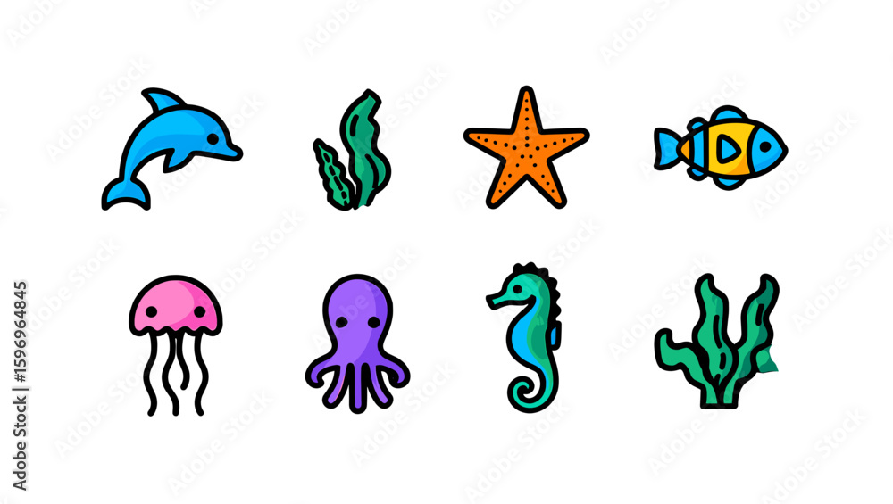 Fototapeta premium Collection of eight sea creatures including dolphin, starfish, octopus and seaweed illustration