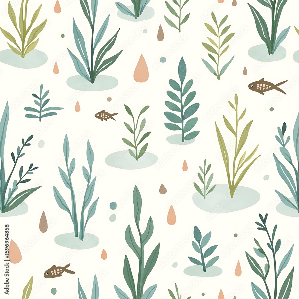 Fototapeta premium Seaweed and Fish Patterned Background with Simple Watercolor Design
