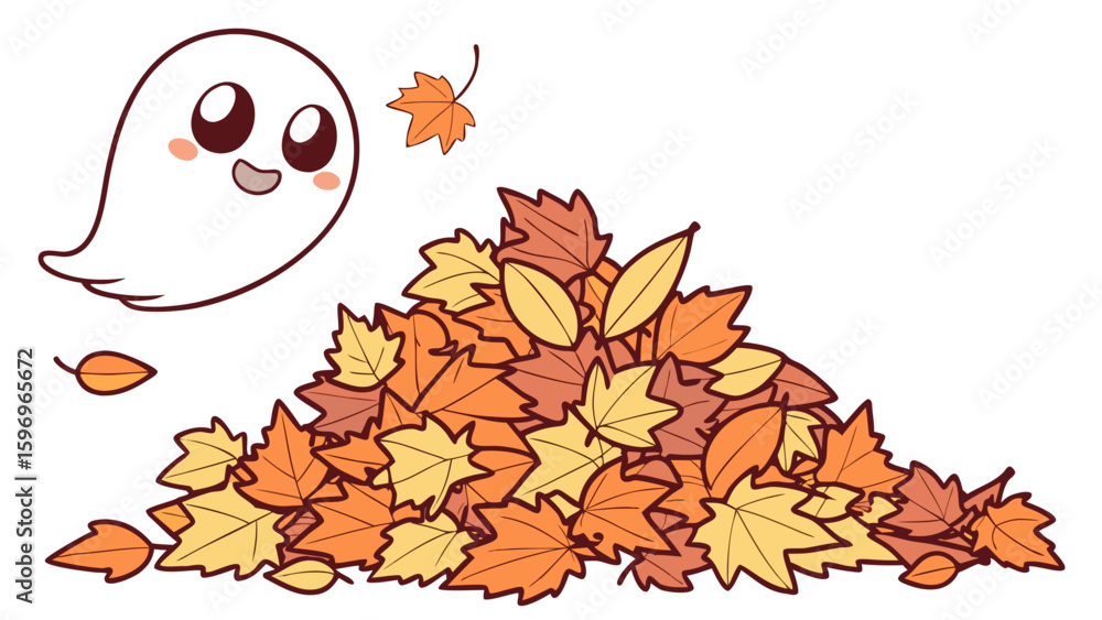 Φωτογραφία Vector art of a cute ghost floats near a pile of autumn leaves on white backgrou