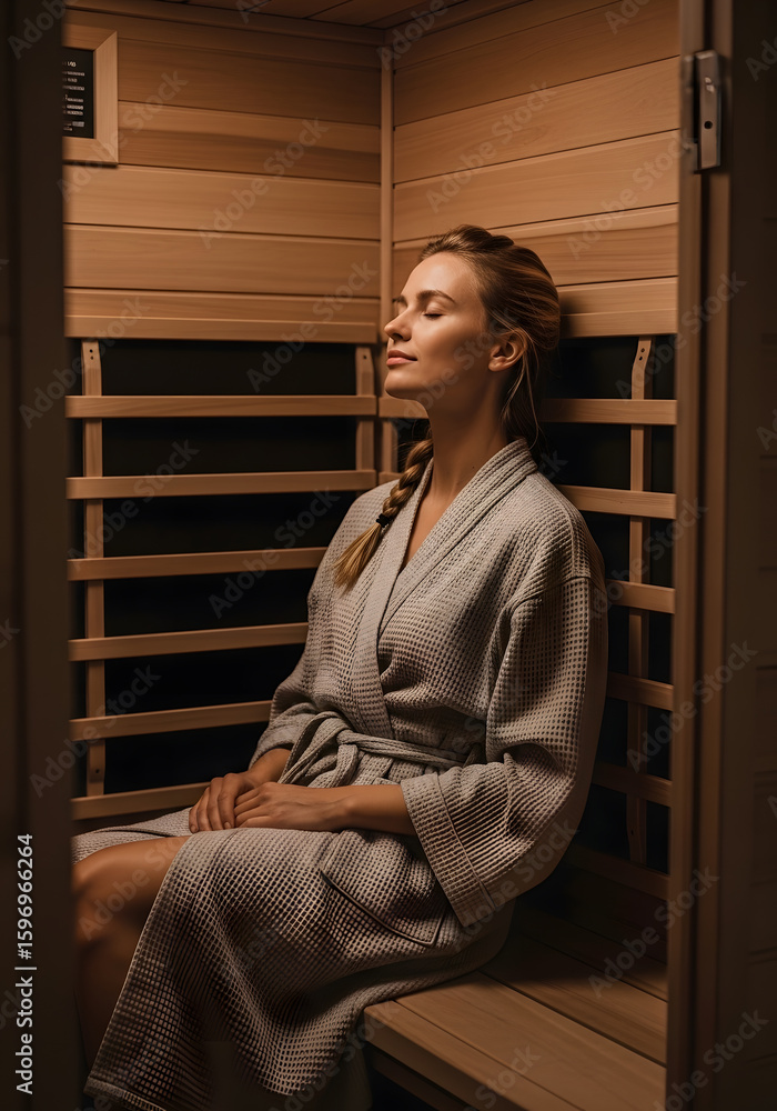Fototapeta premium Peaceful woman enjoys relaxation and warmth in an infrared sauna, embodying tranquility, health, and self-care