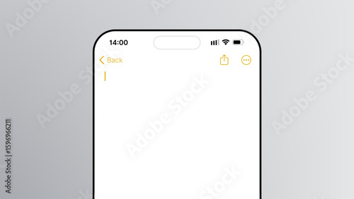Blank note page open on a modern smartphone screen. User interface with back, share, and menu options for app development.