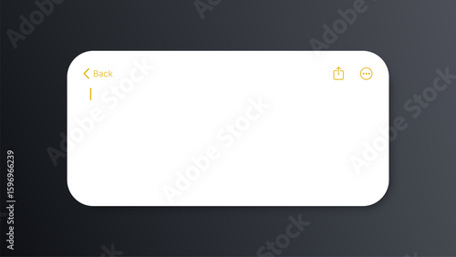 Blank white notes interface for digital diary and quick memo. Minimalist ui design with text cursor, share arrow.