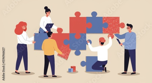 Business Teamwork concept. Contemporary flat style abstract vector illustration of a company of diverse people putting together a huge puzzle details. Isolated on background
