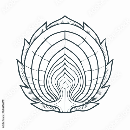 Pinecone cutaway with internal scale layers, seed zones, and core stem, rendered in stylized vector detail.