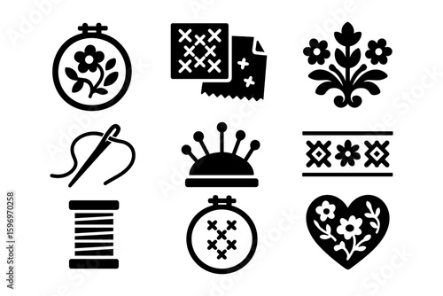 Collection of black silhouette icons depicting embroidery and sewing elements