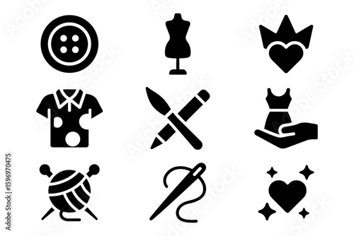 Fashion and craft icon set in bold black silhouette style for creative design projects