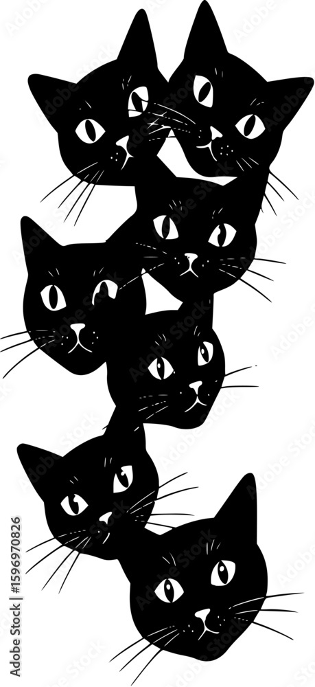 Fototapeta premium Set of black cats looking out of the corner. Collection of cat faces that spy on you. Playing pets. Tattoo. 