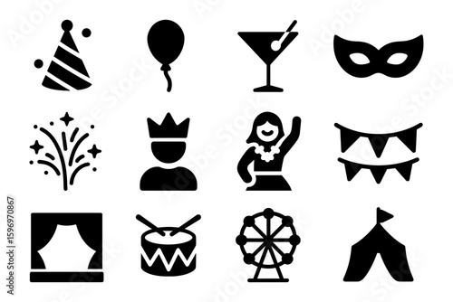 Celebration and party icon set: mask, ferris wheel, fireworks