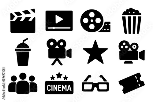 Silhouette cinema icons: clapperboard, popcorn, film reel, and more for movie lovers
