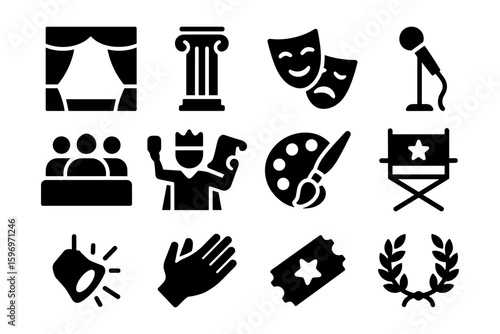 Theater symbols: icon set featuring drama masks, stage, and tools