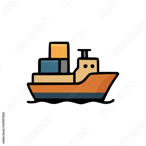 Flat style illustration of cargo boat with containers in orange blue and yellow colors isolated on white background