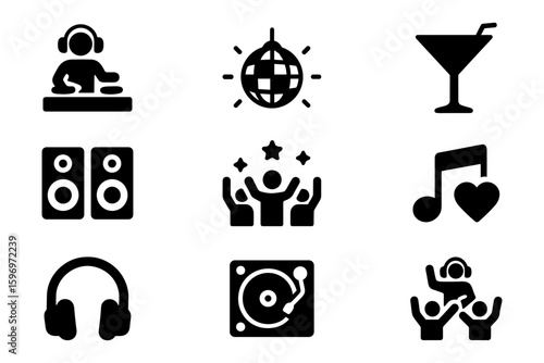 Music and party icons set: dj, dance, and celebration symbols in silhouette style