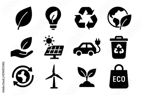 Eco-friendly icons set: recycling, solar energy, sustainable living, renewable resources
