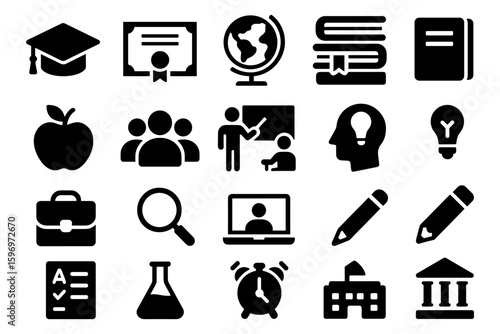 Educational icons set featuring graduation cap, books, and school symbols in bold black silhouette style