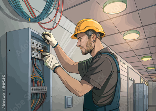 Electrical panel repair service electrician working on wiring safety inspection and maintenance job site