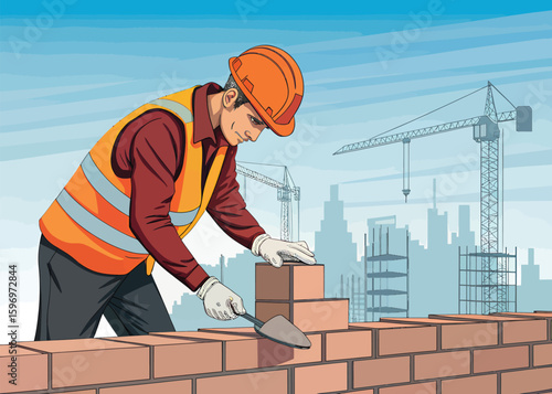 Masonry construction worker building a brick wall with trowel and safety gear on building site project
