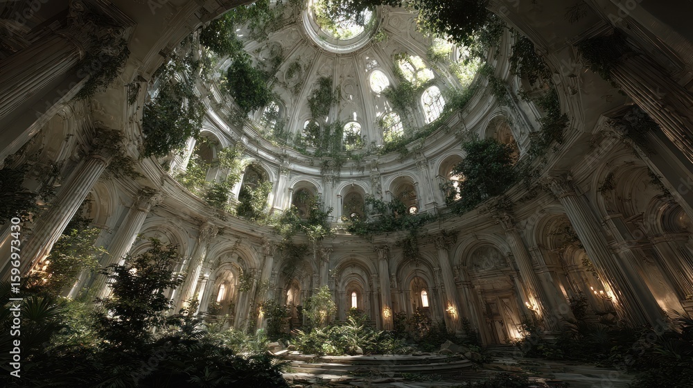 Obraz premium Botanical Conquest: Abandoned Dome Cathedral Reclaimed by Lush Verdure