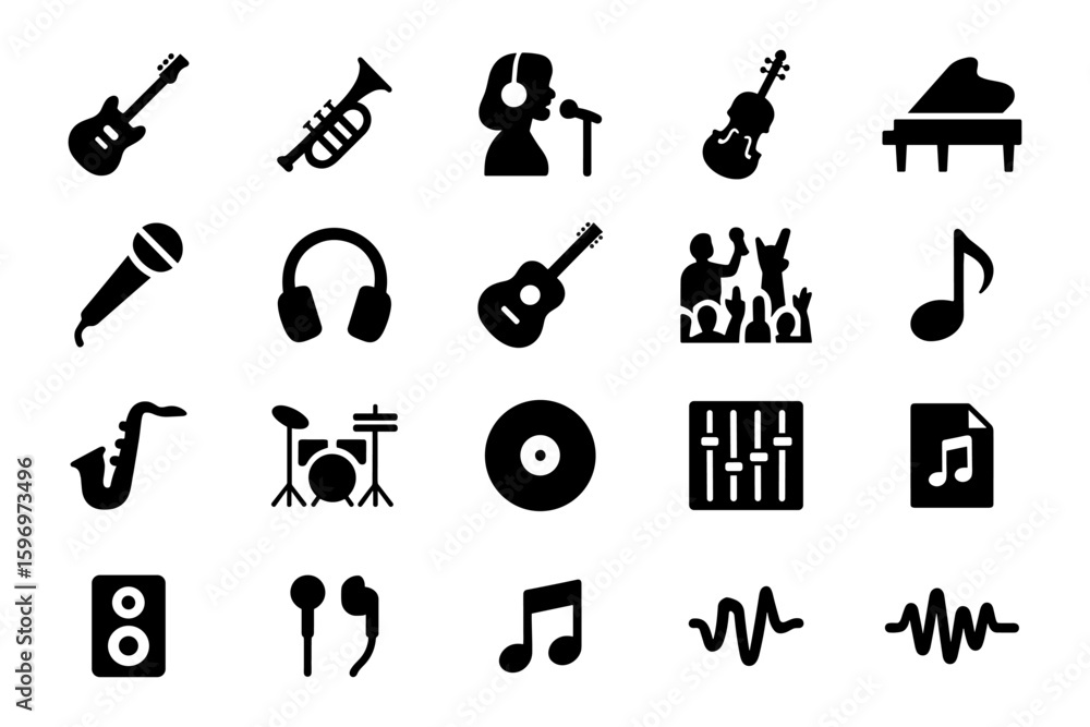 Fototapeta premium Music icons set with instruments and audio symbols in black silhouette