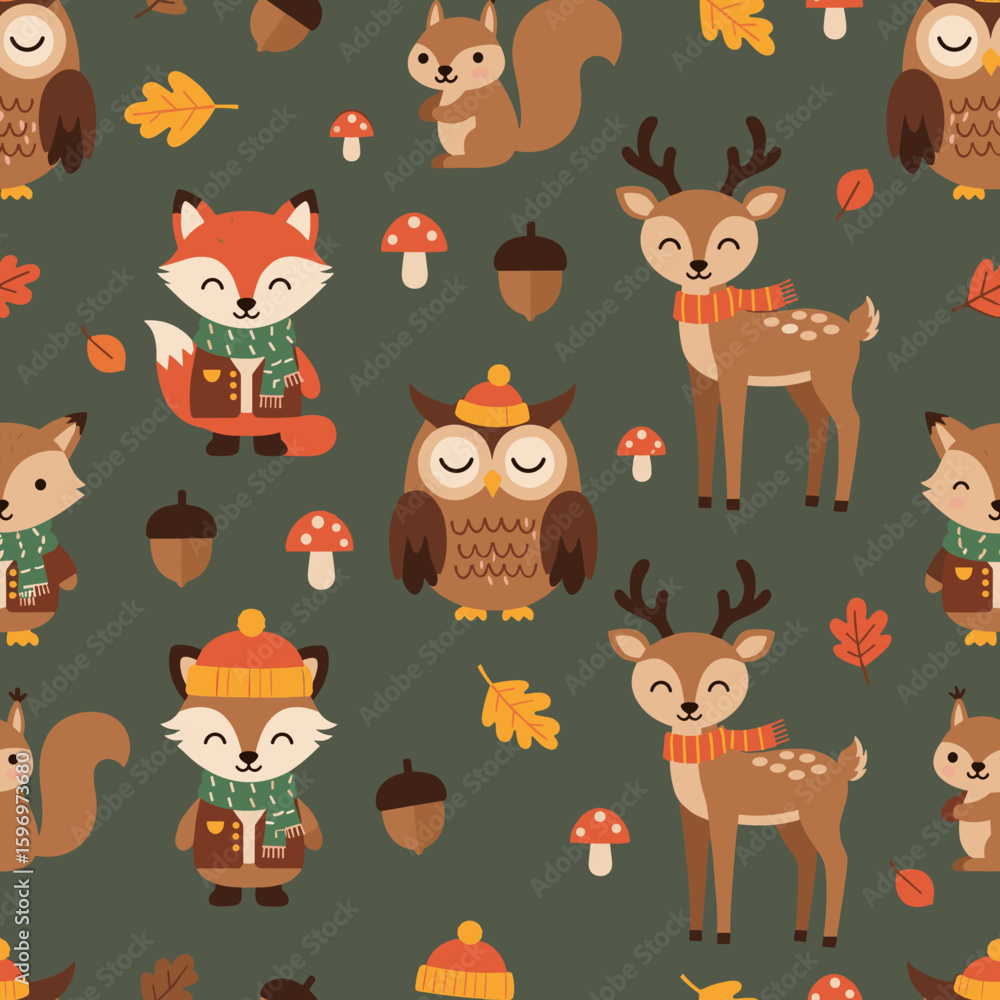 Naklejka premium A seamless pattern showcases a collection of adorable woodland creatures including foxes, owls, squirrels, and deer amidst acorns, mushrooms, and autumn leaves, creating a whimsical design.