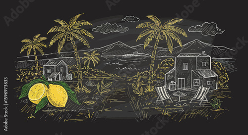 Chalkboard style tropical seaside with lemons and chairs perfect for relaxation