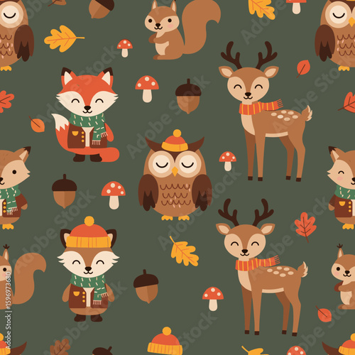 A seamless pattern showcases a collection of adorable woodland creatures including foxes, owls, squirrels, and deer amidst acorns, mushrooms, and autumn leaves, creating a whimsical design.