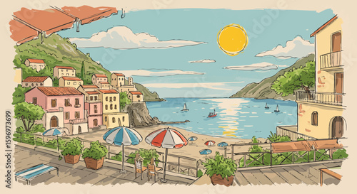 Charming coastal town illustration with colorful houses, sunny beach and idyllic seascape