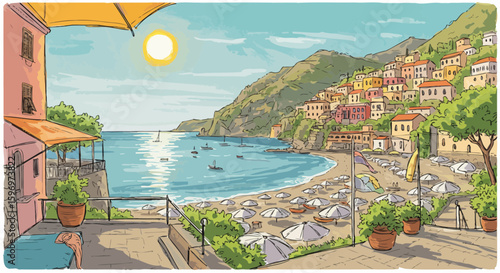 Coastal paradise illustration of charming Italian village with scenic beach view
