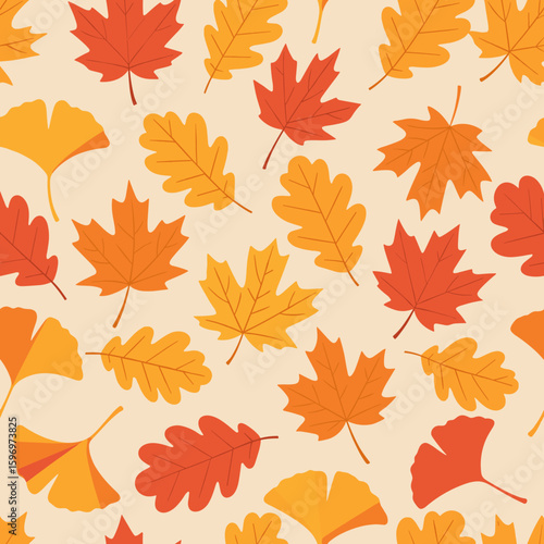 A vibrant seamless pattern showcasing a variety of colorful autumn leaves, including maple and ginkgo, in warm shades of orange, yellow, and red.