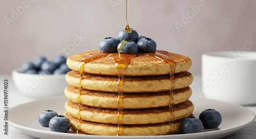 Delicious pancakes topped with blueberries and maple syrup, a sweet breakfast indulgence