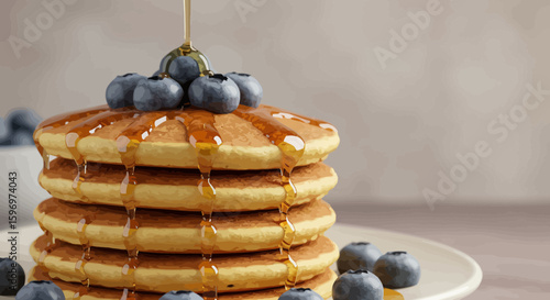 Delicious stack of pancakes with blueberries and syrup dripping down the sides