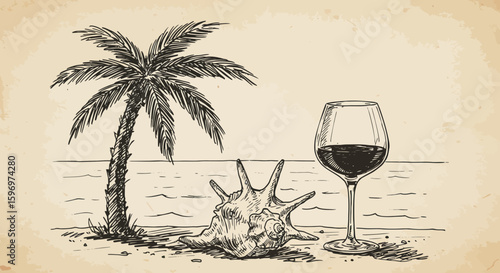Elegant beach escape scene: hand-drawn sketch with palm tree, shell and wine glass