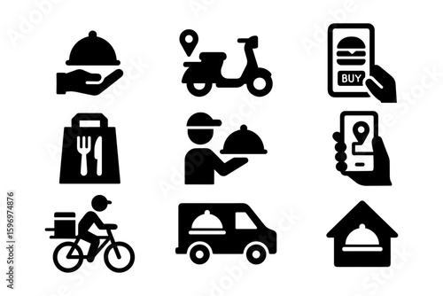 Food delivery icons featuring scooter, bicycle, and mobile app in flat silhouette style