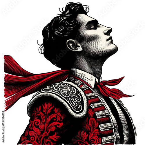 Stylized illustration of a bullfighter with a decorative outfit and a flowing red cape, striking a confident pose