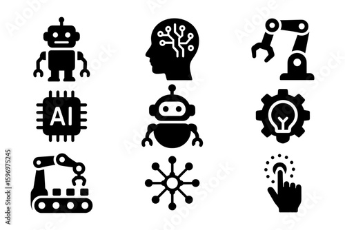 Robots and ai technology icons: innovation and automation concept in black and white