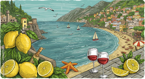 Picturesque coastal view of an Italian seaside town with lemons and wine