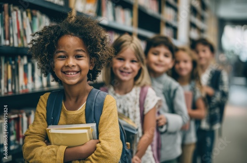 Happy multiethnic children with books and backpacks smiling in the school library line