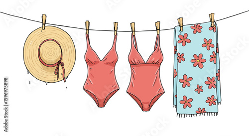Summer laundry day: Colorful beachwear drying on the clothesline illustration