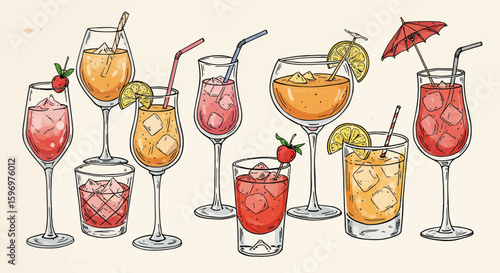 Vibrant hand-drawn cocktails illustration showcasing a variety of alcoholic beverages