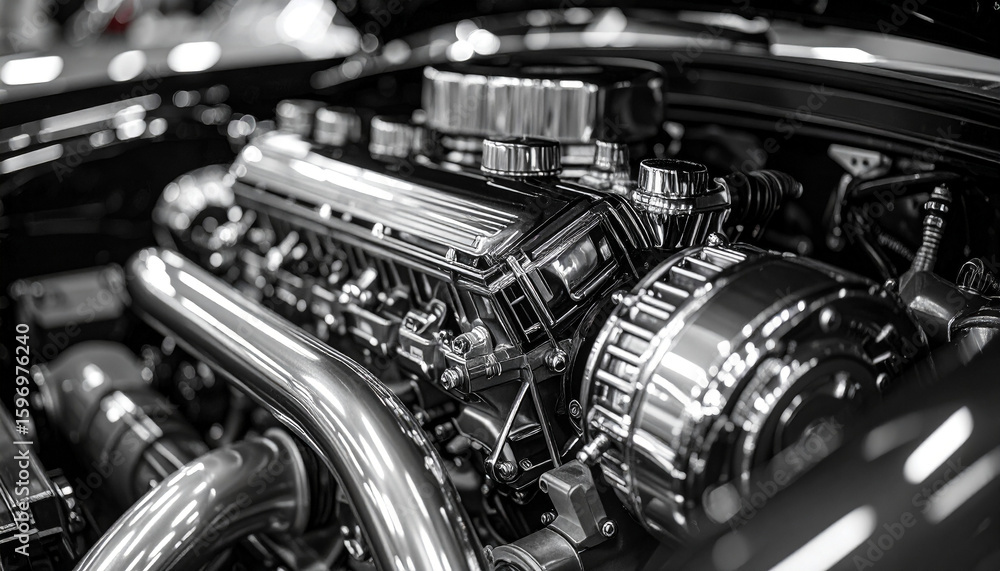 Chrome Engine in Monochrome: A close-up, high-angle shot showcases a detailed, chrome-plated engine, radiating a cool, metallic gleam against a backdrop of a dark chassis in grayscale. Chrome Engine in Monochrome: A close-up, high-angle shot showcases a detailed, chrome-plated engine, radiating a cool, metallic gleam against a backdrop of a dark chassis in grayscale.