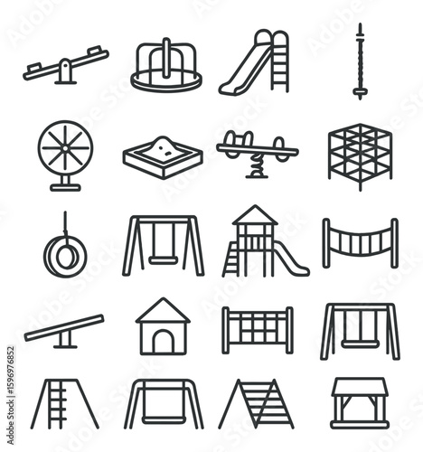 Playground icon collection: simple linear kids play equipment, swings, slides, sandbox vector icons