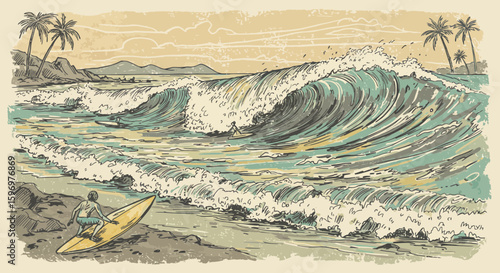 Vintage surf scene illustration with surfer ready to catch a wave in tropics